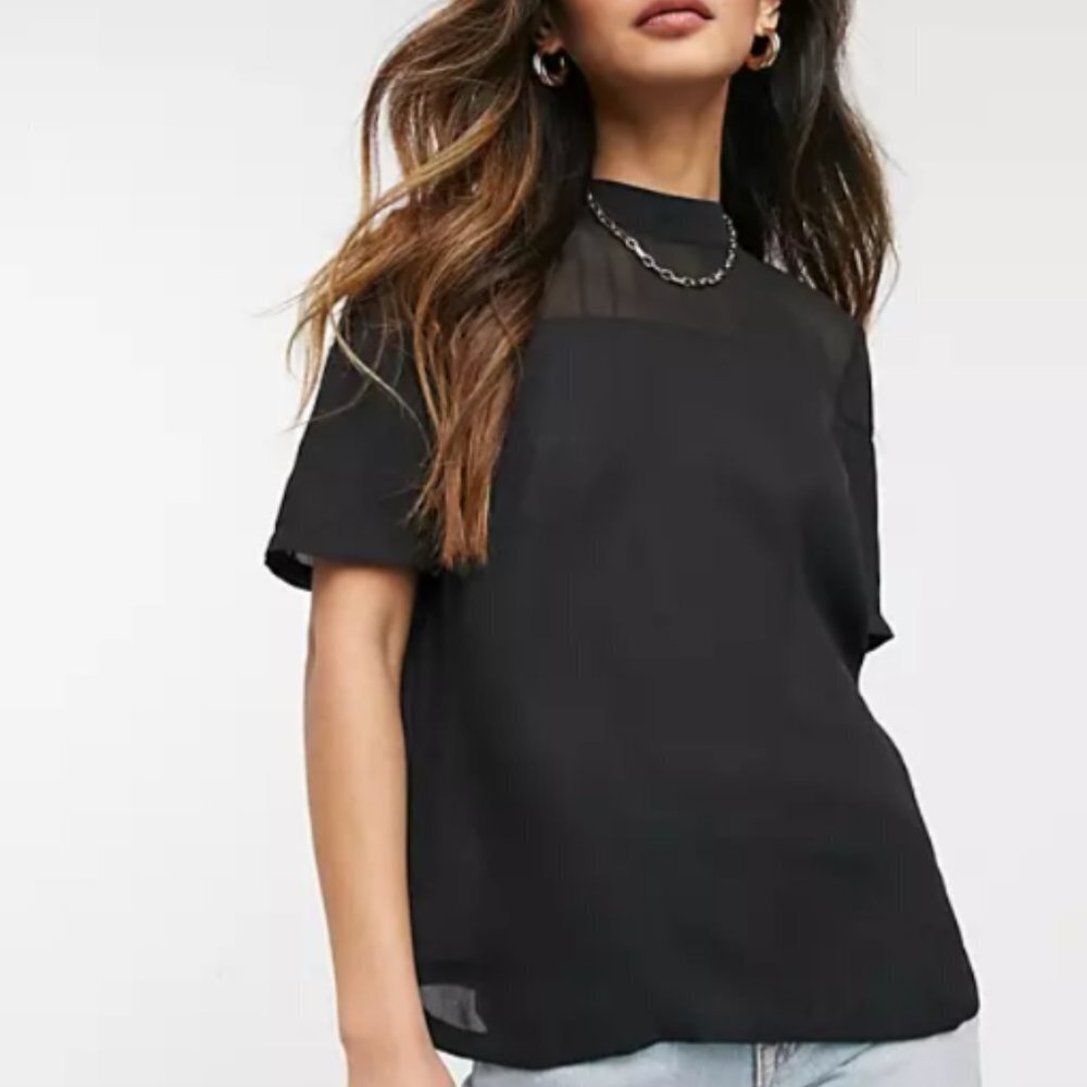 Asos Design Short Sleeve High Neck Sheer Top - 0